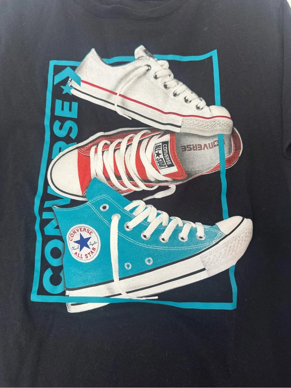 Converse Kids Black Tee with Blue & Red Sneaker Graphic - Size GIRLS XL